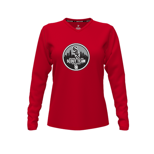 [FTLVCFRD-FYXS-LOGO3] Decker Comfort T-Shirt (Female Youth XS, Red, V Neck, Logo 3, Long Sleeve)