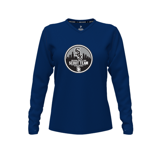 [CUS-DFW-TEES-PER-VNK-LSL-NVY-FYXS-LOGO3] Performance T-Shirt (Female Youth XS, Navy, V Neck, Logo 3, Long Sleeve)